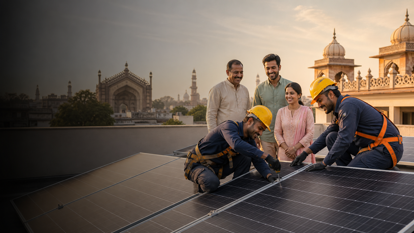 Happy solar installers and homeowners on a Lucknow rooftop